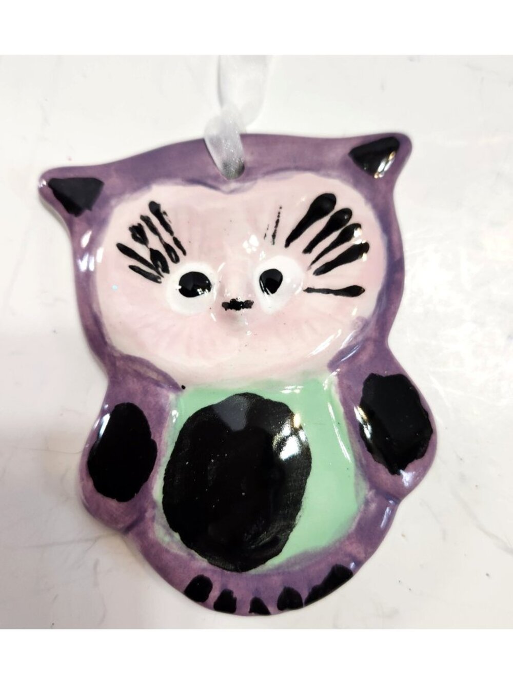 Ceramic Owl Ornament Purple Pink Green Design with Silver Ribbon Holiday Decor